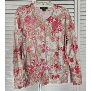Eddie Bauer Womens Large Floral Cardigan Sweater Pink Tan Cotton Blend TL